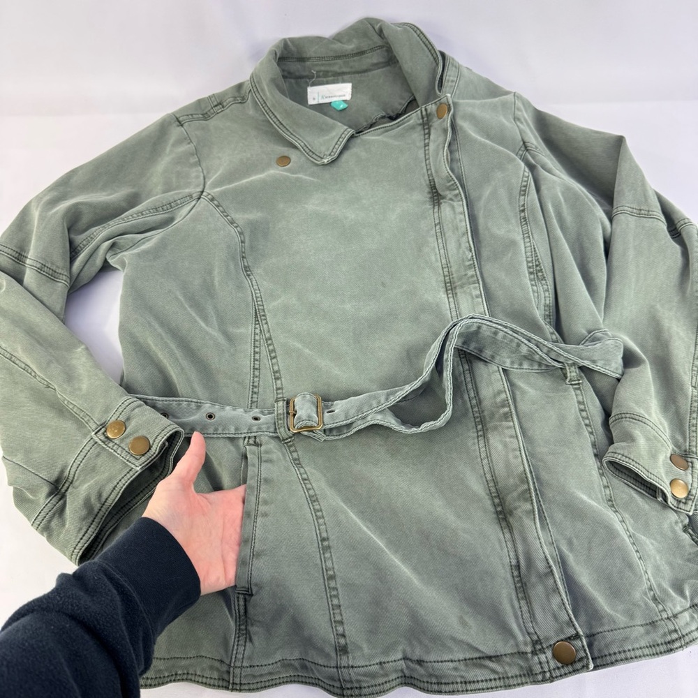 Anthropologie Plus 3X Everyday Belted Moto Jacket Light Green Lined Zip & Button - Picture 7 of 16